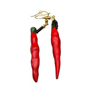 Pierced Earrings Red Hot Pepper Chili Novelty Gold Tone Acrylic SKU2167